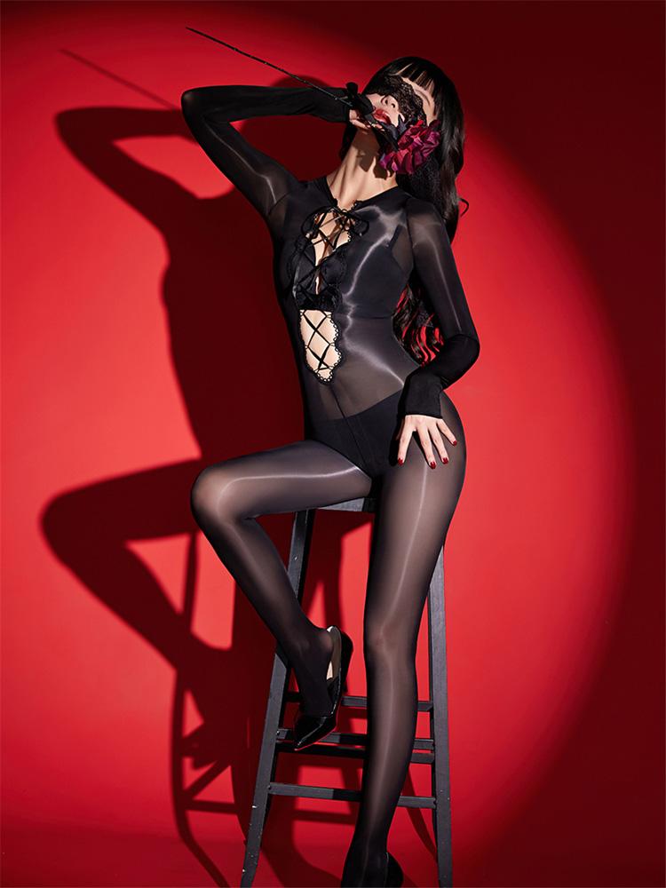 Sexy Women Oil Glossy Shiny Elastic Bodysuit Bandage Bodycon Hollow Out Sexy Tights Yoga Shaping Jumpsuits Cosplay Maid Leotard