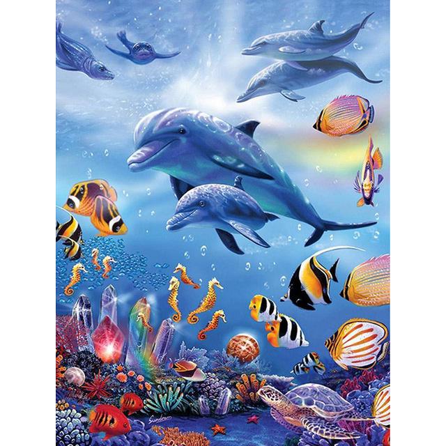 1 Piece 11.8x15.7 Inch 5D DIY Diamond Painting Dolphin Diamond Embroidery Animal Set Mosaic Picture Water Diamond Art Home Decoration