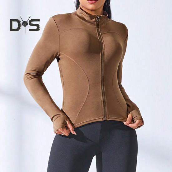 Women Sports Jacket Full Zip High Elasticity Yoga Jacket Stand Collar Slimming Fitness Top for Running Yoga Workout