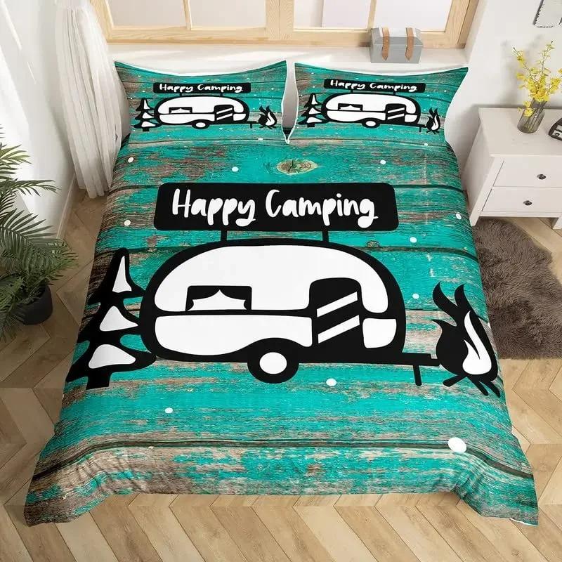 Happy Camping Bedding Set Camper Car Duvet Cover King Queen Microfiber Smoky Mountain Wood Print Quilt Cover Set For Girls Boys