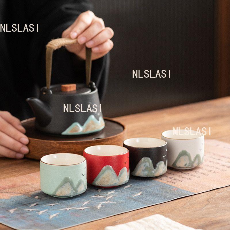 4pcs Gift Tea Cup Set Household Tea Cup Chinese Landscape Tea Cup Ceramic Underglaze Colored Drinking Utensils with Gift Box