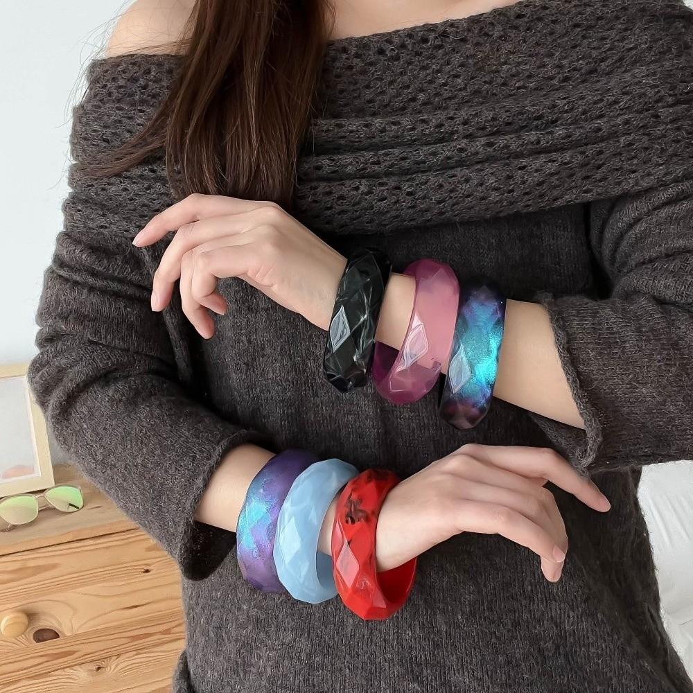 Bohemian Colorful Resin Bangle Transparent Geometric Pearly Bracelet Jewelry Accessories Dopamine Wide Chunky Hand Ring Women