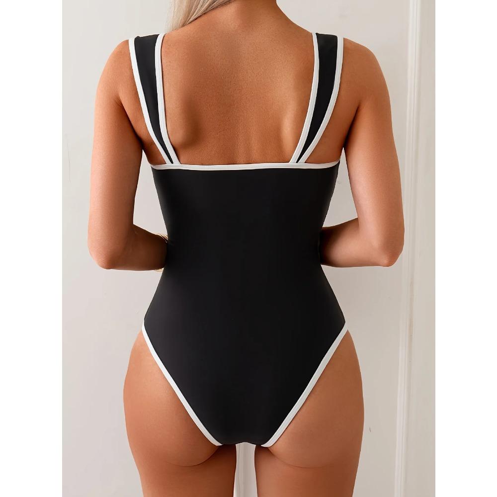 Vintage Black White Contrast Swimwear Women Sexy Push Up Slim Tummy Control One Piece Swimsuit Beach Bathing Suit Pool Monokini