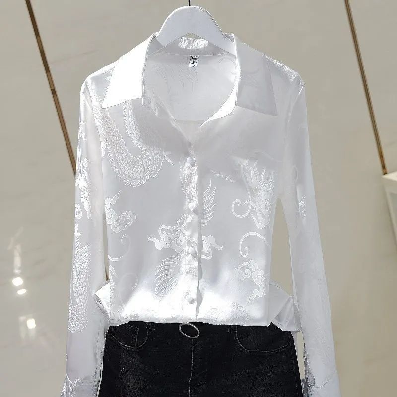 

Французская атласная рубашка высокого класса 2025 Весна и Осень Новый стиль Модная драпированная блузка с длинным рукавом 4XL белый