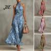 Off-shoulder Dress Floral Chiffon for Women, Halter Sleeveless Ruched Maxi Waist Slimming Dress, Turtle Neck Wedding Guest Cocktail Evening