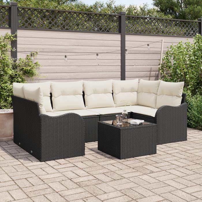 Ensemble de canapé de jardin vidaXL de 7 pièces avec coussins en poly rotin noir, Canapé de jardin 2 places avec coussins 3345597