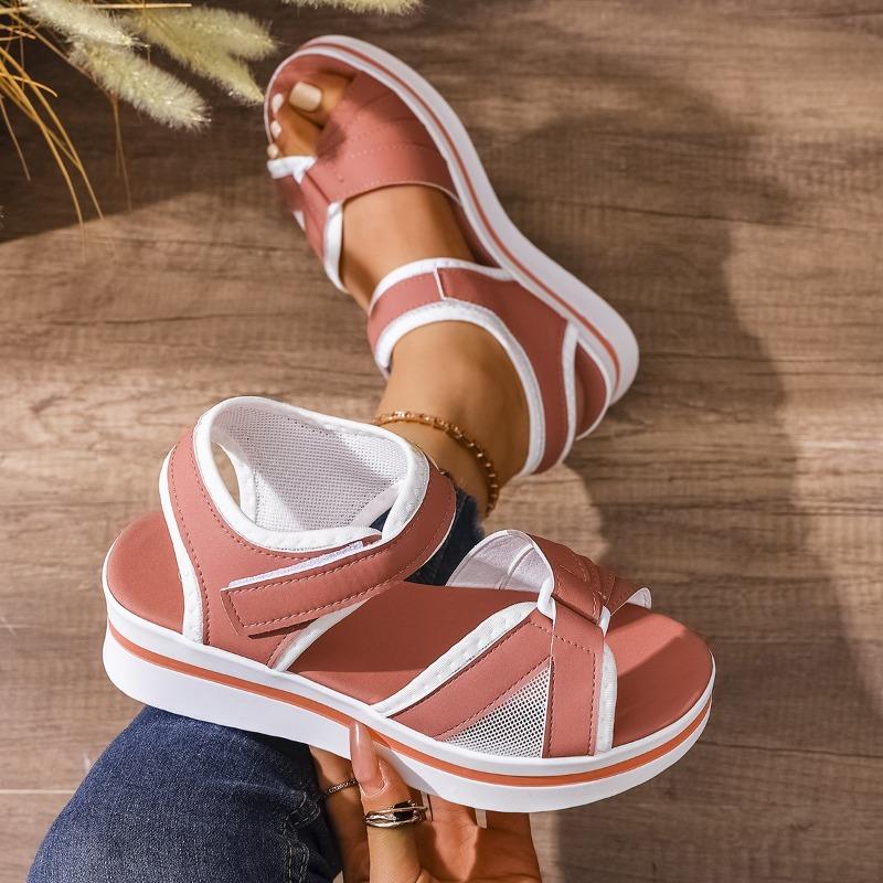 New Sandals Women's Large Size Thick-soled Color Matching Flat-soled Velcro Daily Casual Beach Sandals