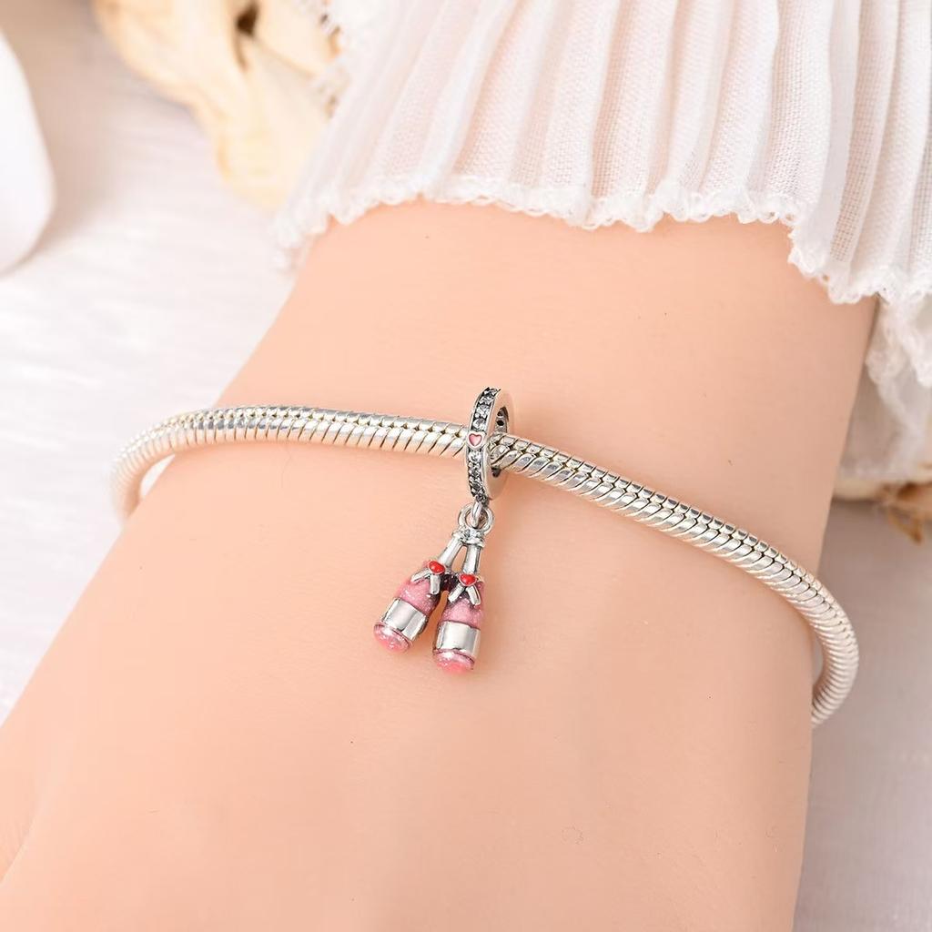 Colgante de copa de vino y cerveza con diseño creativo original, cuentas de plata 925, estilo DIY, accesorios de joyería, pulsera, regalo, accesorios de pulsera con dijes.