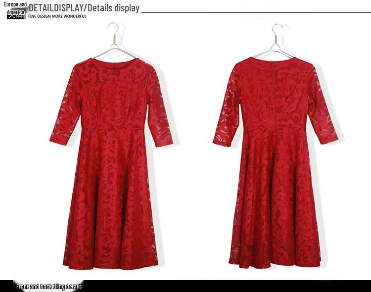 European & American Plus Size Red Lace Swing Dress - Spring/Autumn Fashion 200 Jin