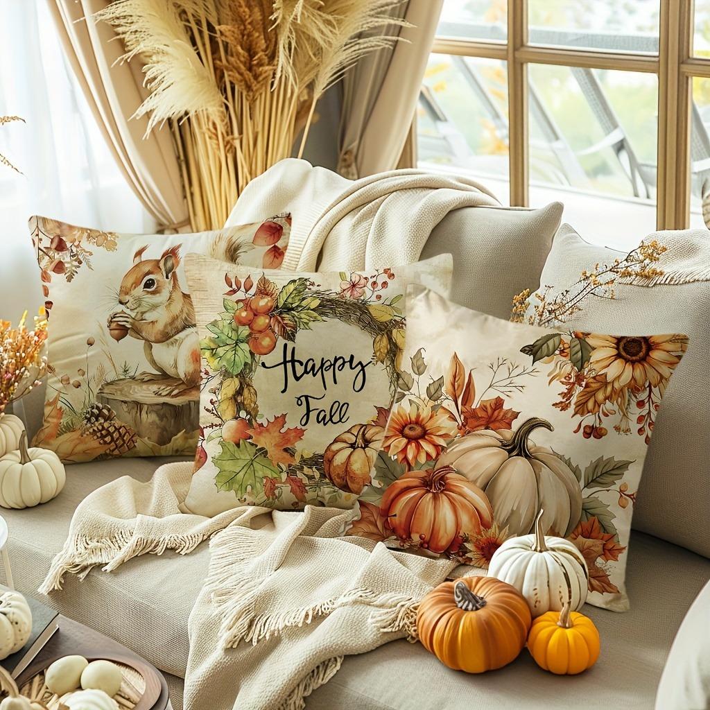 Home Decor Autumn-Themed Squirrel & Pumpkin Throw Pillows Pattern Cushion Cover Suitable For Sofa Bedroom Car Pillow Cover