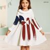Girls Long Sleeve Star Stripe Printed Dress Fuzzy Collar Cuffs Bow Decor A Line Flared Hem