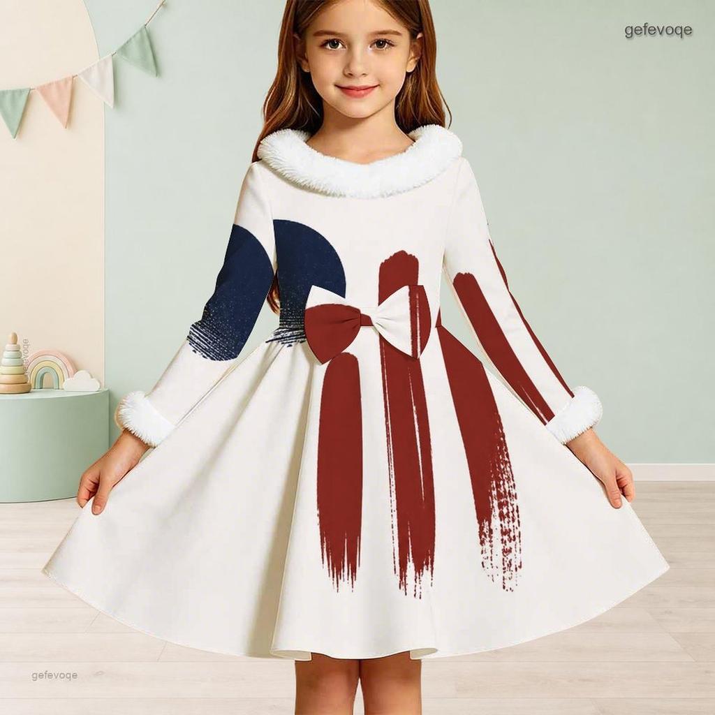 Girls Long Sleeve Star Stripe Printed Dress Fuzzy Collar Cuffs Bow Decor A Line Flared Hem