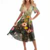 Women's Casual Fashion Flared Skirt V-neck Short-sleeved Floral Print Dress
