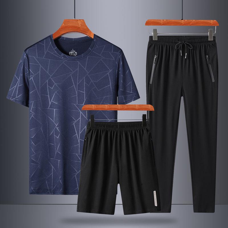

2024 Men s Ice Silk Summer Set: Short-Sleeve T-Shirt, Dad Style, Three-Piece for Middle-Aged and Elderly XL