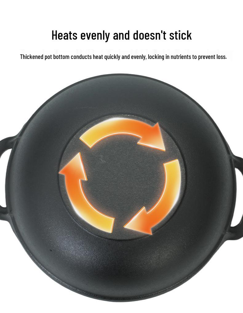 Förtjockad Gjutjärns Yuanbao Dubbelörad Gryta & Stekpanna: Non-stick, Obehandlad, Wok med platt botten för hushållsmatlagning