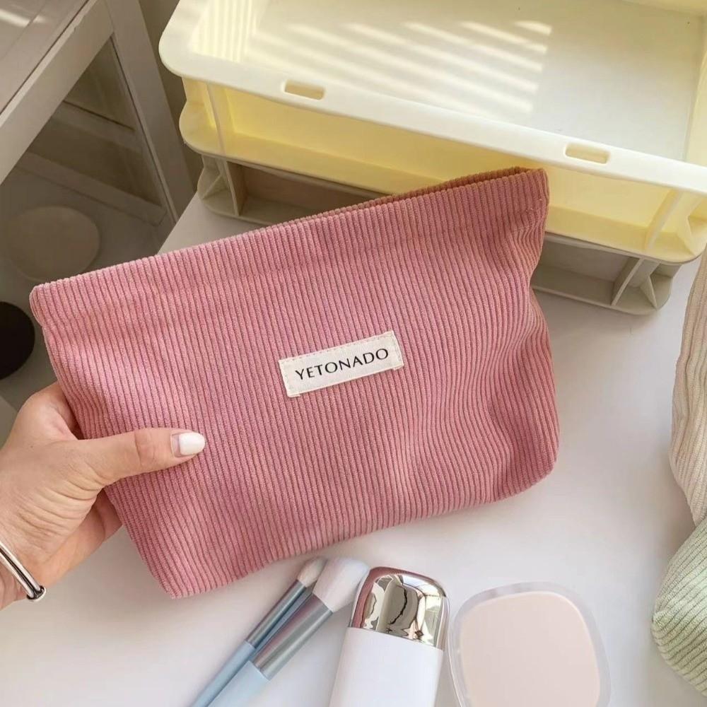 Simple Solid Color Cosmetic Bag Corduroy Multifunctional Storage Bag with Zipper Large Capacity Toiletry Bag Women