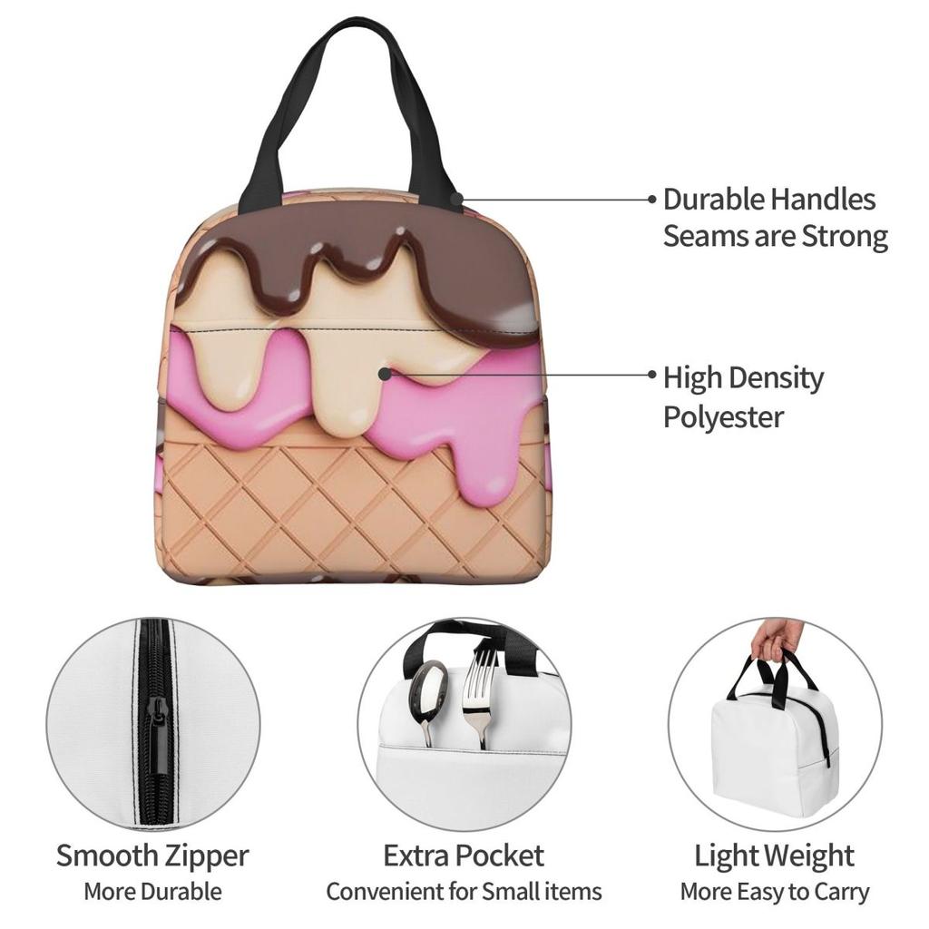 Strawberry Ice Cream Insulated Lunch Bag for Women Kids Portable Food Boxes Thermal Lunch Box Tote
