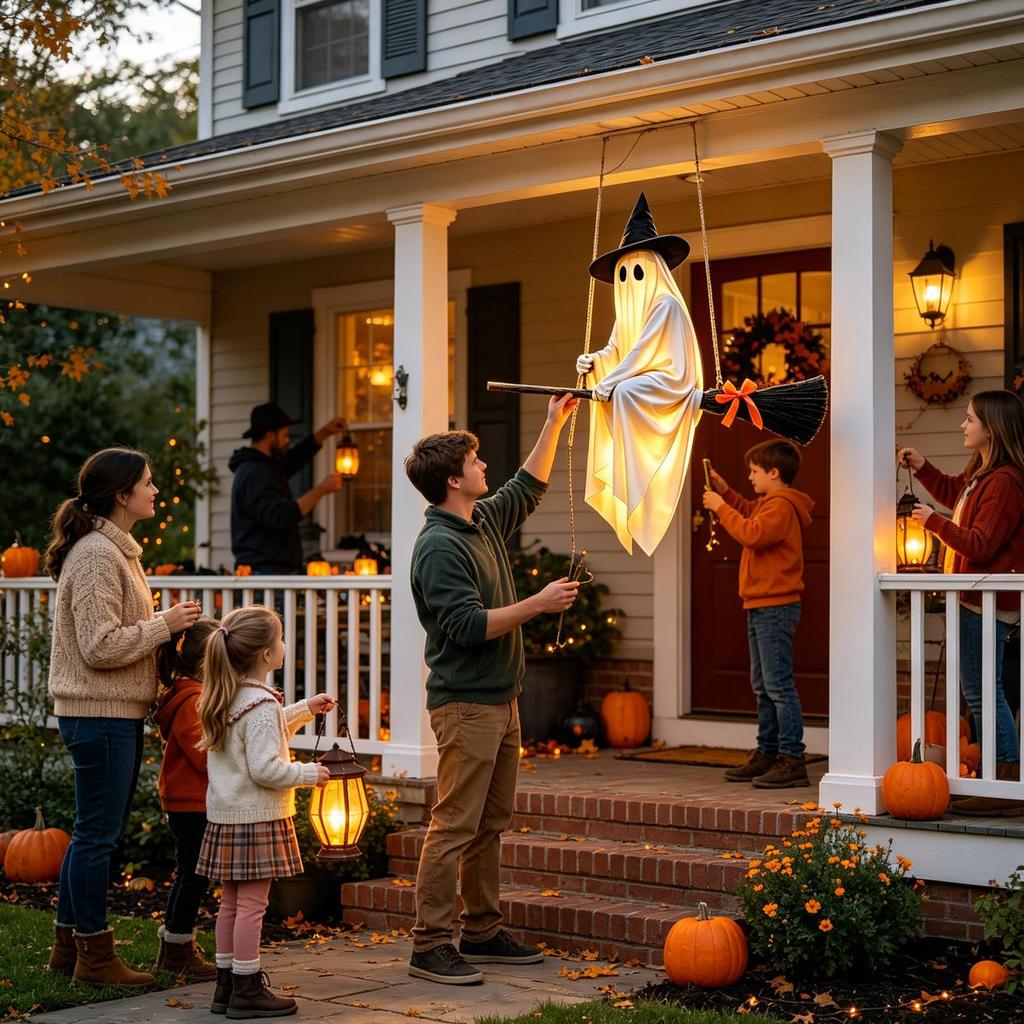 Lighted Swinging Ghost Halloween Light Up Prop with Remote Control Swinging Ghost Decor for Garden Patio Porch Haunted House