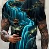Men's Chinese Mountain Waterfall Pavilion Landscape 3D Print T Shirt Summer O Neck Short Sleeve Scenery Graphic Street Tee