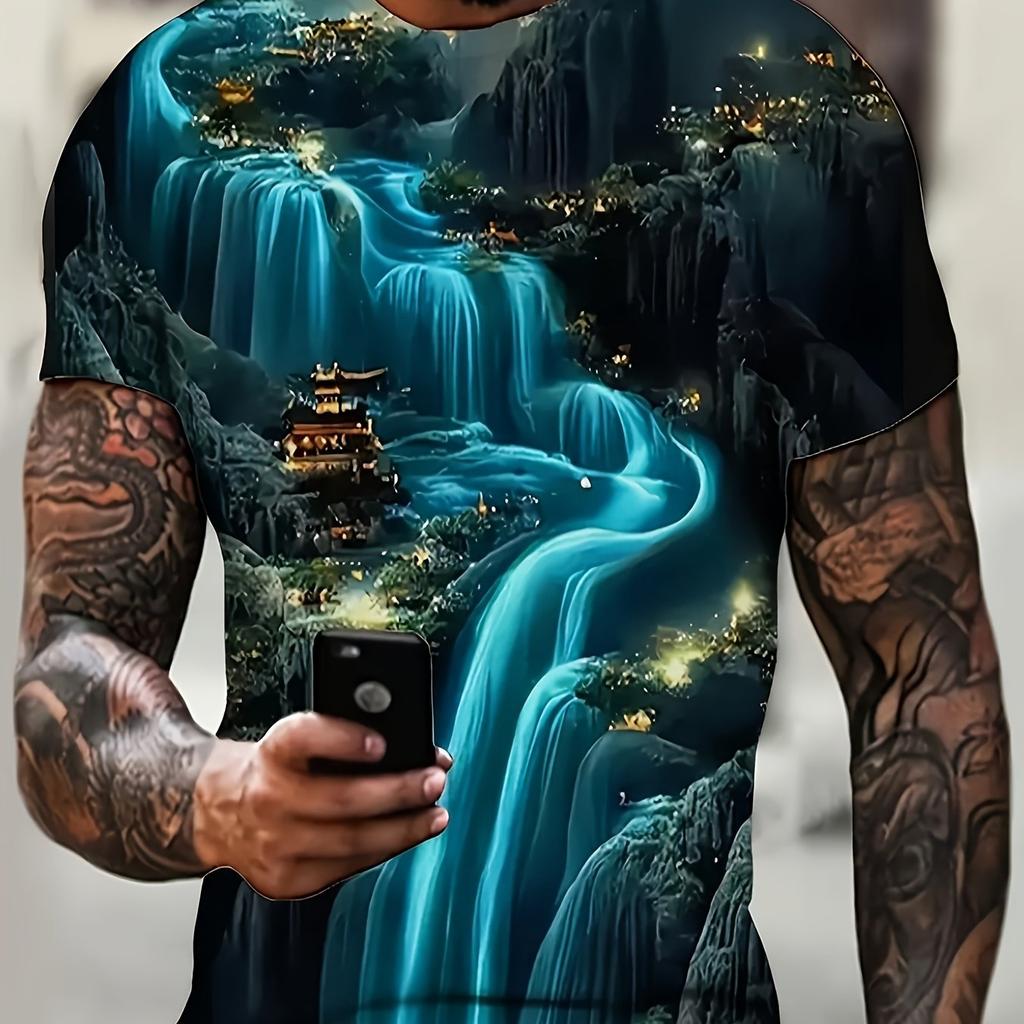 Men's Chinese Mountain Waterfall Pavilion Landscape 3D Print T Shirt Summer O Neck Short Sleeve Scenery Graphic Street Tee
