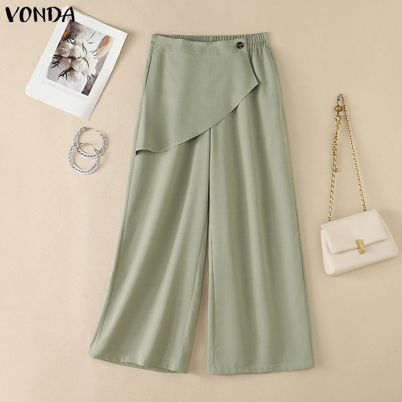 VONDA Womens Casual Asymmetrical Flap Back Elastic High Waisted Wide Leg Trousers Loose Fit Palazzo Pants