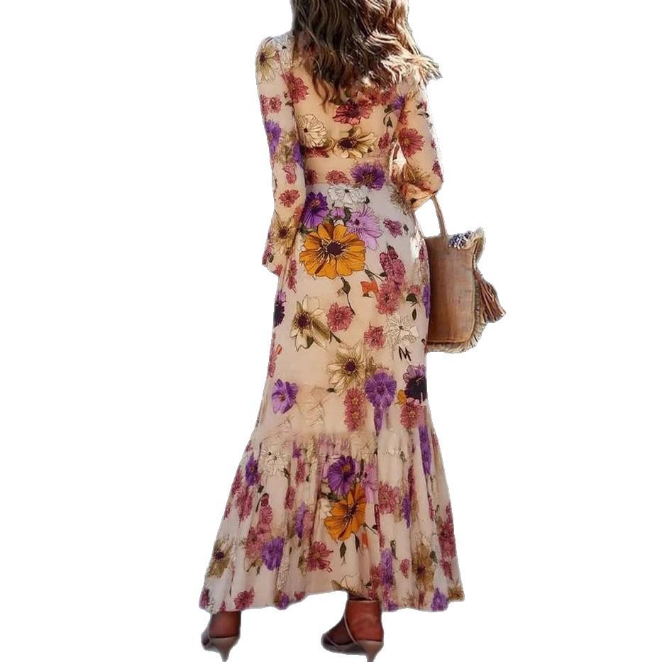 Vestido Largo con Estampado Floral y Manga Acampanada