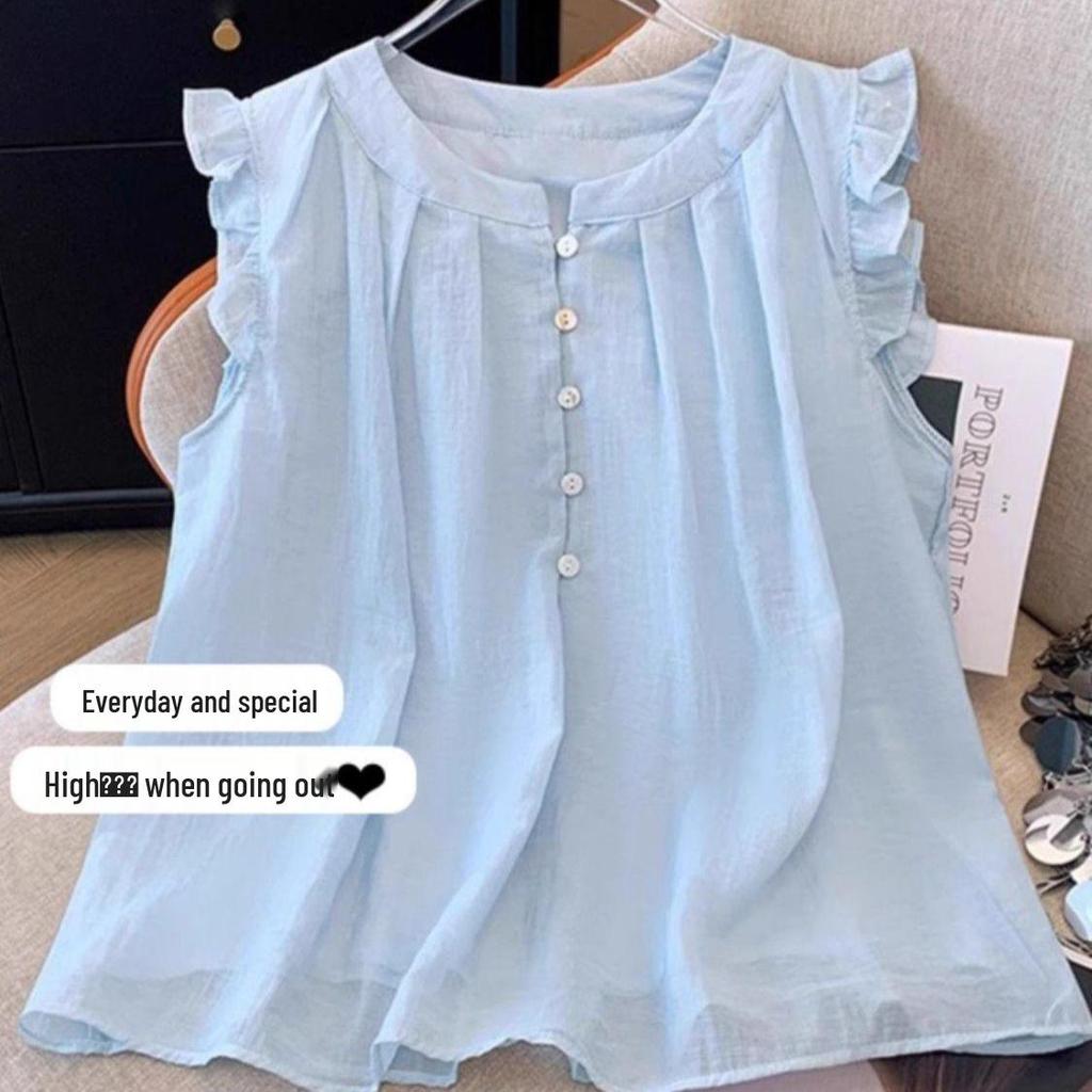 Plus Size Flutter Sleeve French Ruffle Doll Shirt - Women's Summer Loose & Slimming Top