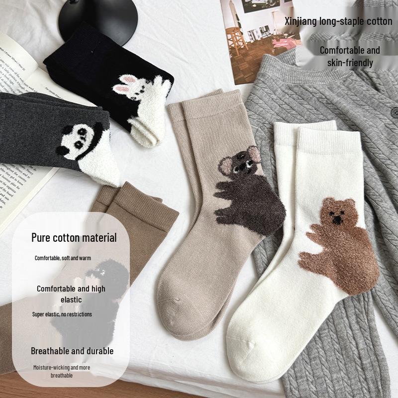 Women's Flocked Puppy Mid-Calf Socks - Cute, Warm, 3D Cartoon Style for Autumn/Winter