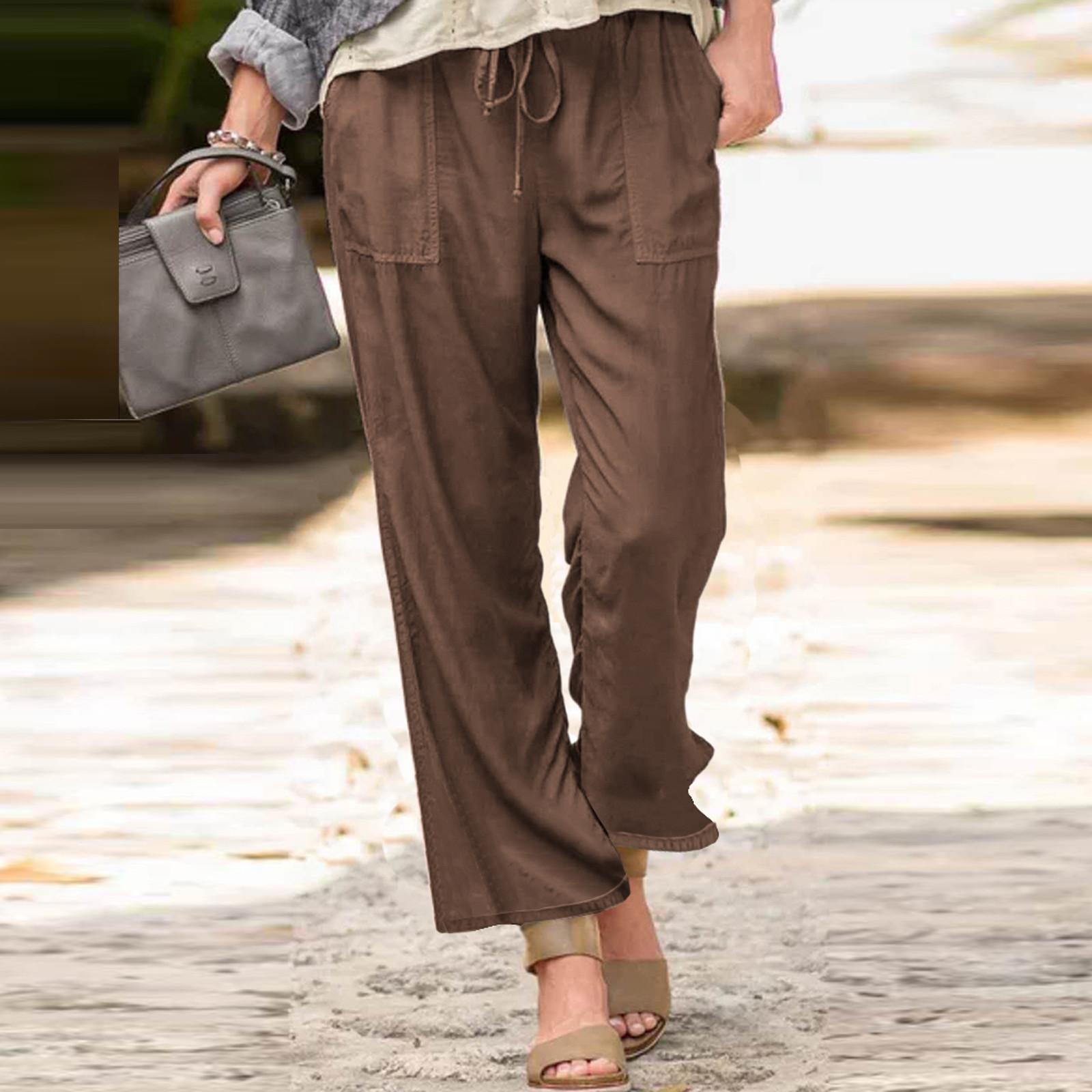 

Plus Size Women Tightness Cotton Linen Trousers Pocket Casual Pants XL коричневий
