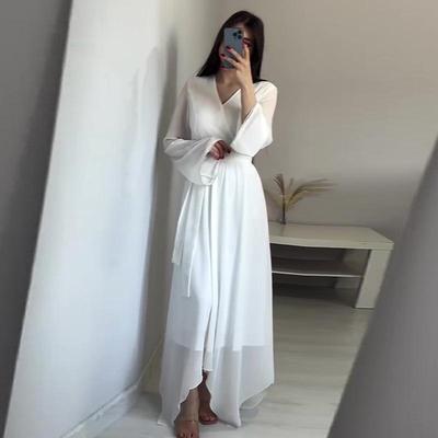 2024 Elegant V-Neck Tie Waist Solid Color Women's Long Dress