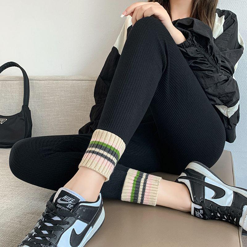 Women's Fleece-Lined High-Waist Leggings: New Autumn/Winter Style with Ribbed Ankle Cuffs, Slim Leg, and Warm Thread for Outdoor Wear.