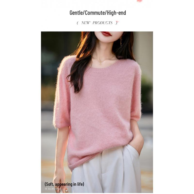 Seamless Round Neck Fleece Wool Half-Sleeve Women's Knit Top Sweater for Autumn/Winter