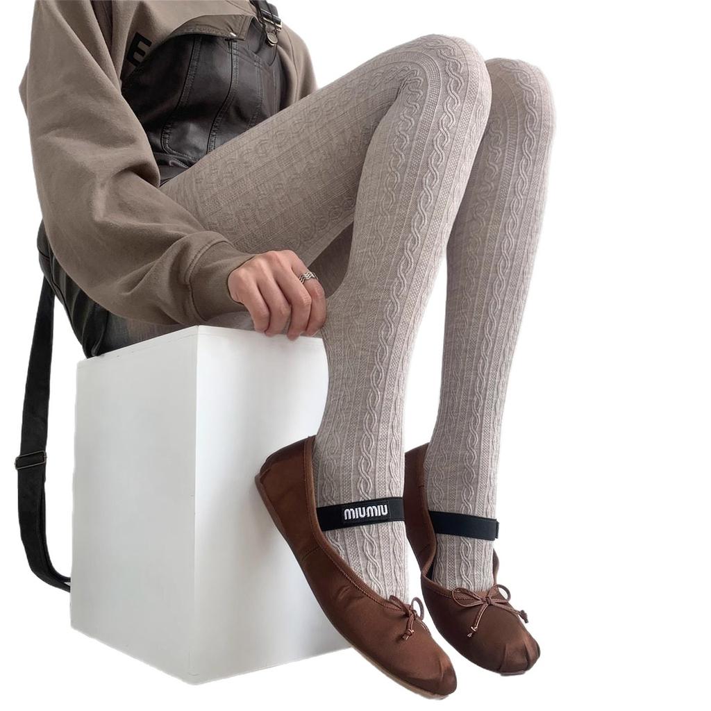 Retro Twist Pattern Leggings Women'S Autumn And Winter Milk White Threaded Outer Wear Thin Pantyhose Non-Drop Versatile Pantyhose