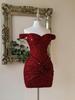 Robe Bodycon Courte à Sequins Rouge Vin Décolleté Bardot - Robe de Soirée Courte Femme, Nouvelle Collection