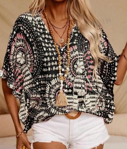 

Spring And Summer Casual V-neck Printed Loose Top For Women XL чёрный