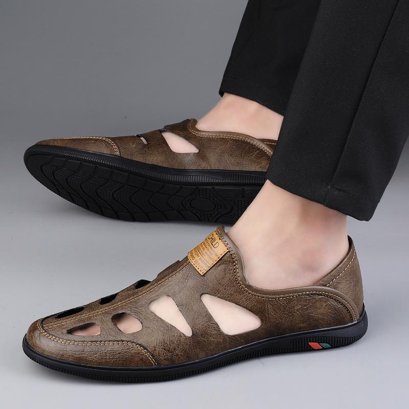 

Мужская обувь 2025 лето новая мужская британская дышащая дезодорирующая для ног полая кожаная обувь наступающая на пятку плоская ленивая обувь с отверстиями 44 хаки