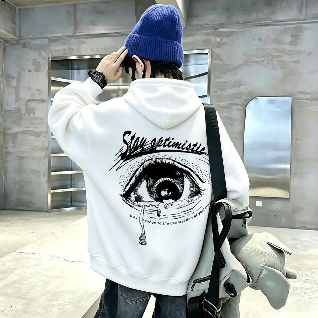 Latest style French pattern eye design children's hooded pullover sweatshirt with long sleeves and loose fit for boys and girls