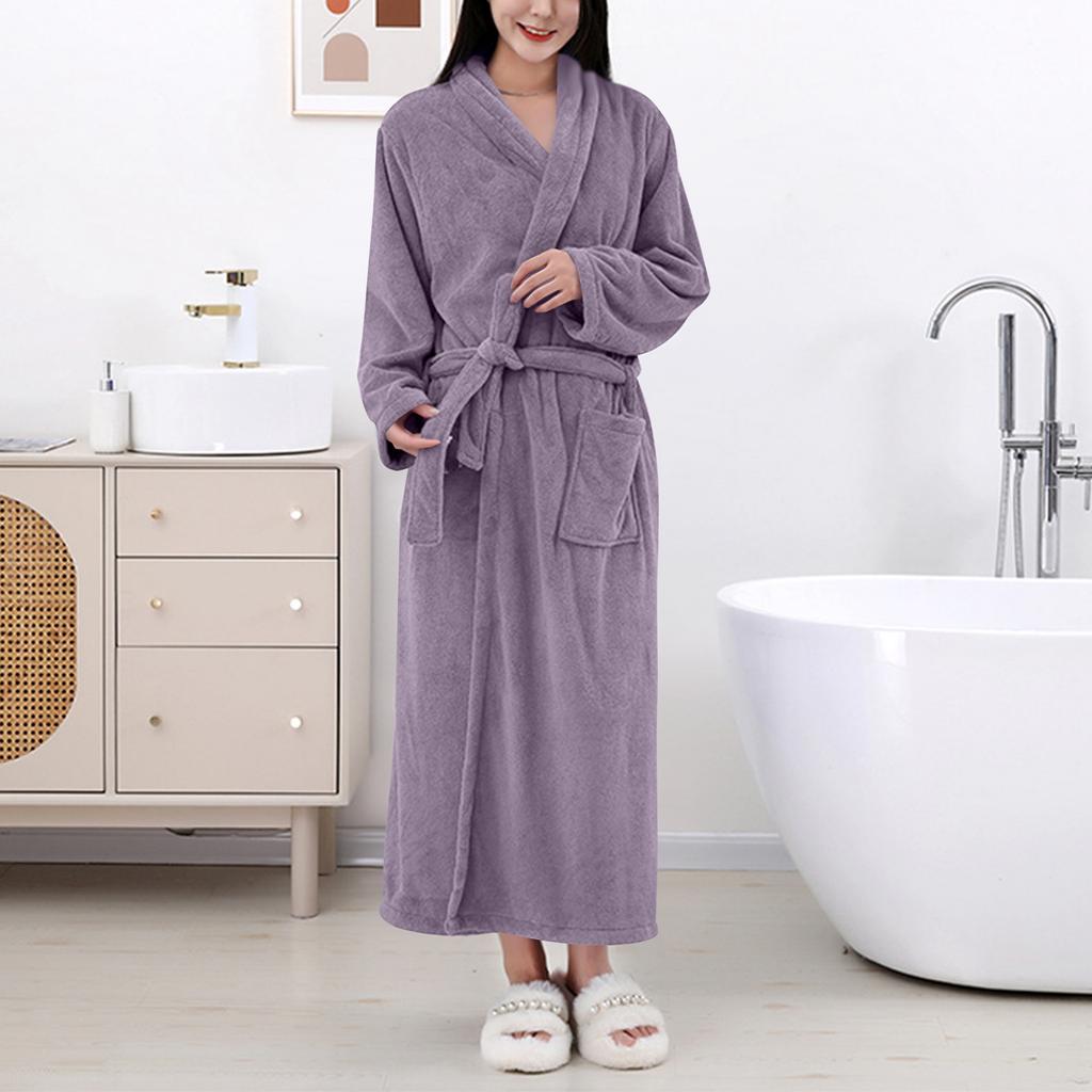 Women's Solid Color Long Sleeve Winter Warm Bathrobe Home Wear Plush Pajamas Nightgown
