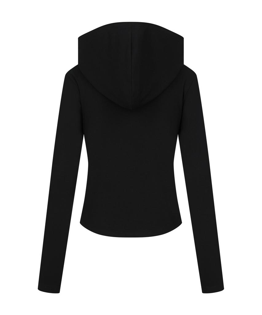 SECONDSALT Shirred Button Neck Hooded Long Sleeve (Black)