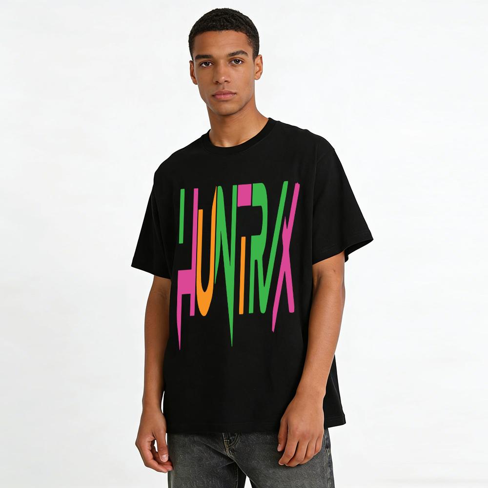 HUNTRX Color Block Letter Print Casual T-Shirt Unisex Loose Breathable Daily Top Pure cotton T-shirt