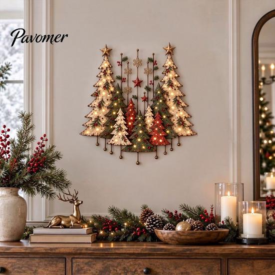 Indoor Festive Decor Lighted Wooden Christmas Tree Ornament, Rustic Holiday Wall Decoration with LED Living Room Light for Home Bedroom and