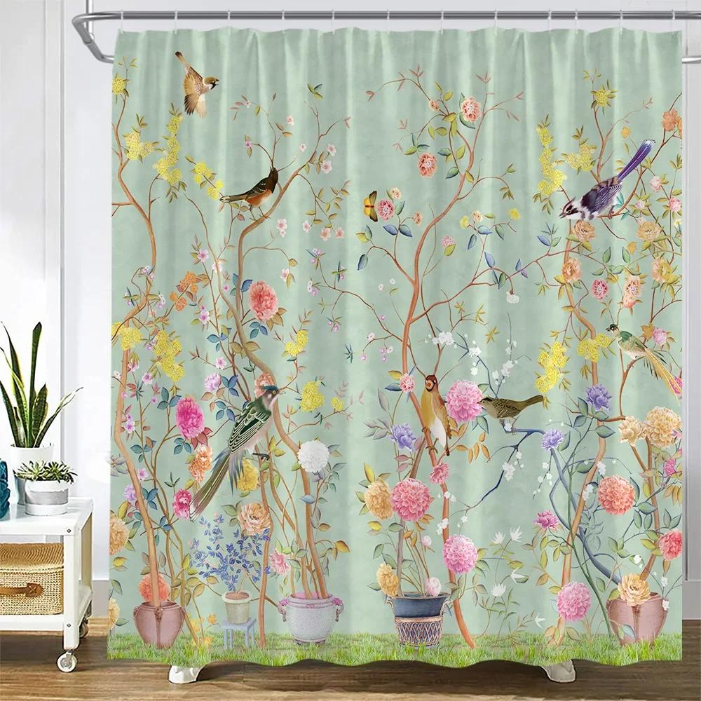 Flowers Bird Shower Curtains Floral Plant Vintage Chinese Style Bath Curtain Set Polyester Fabric Bathroom Decoration With Hooks