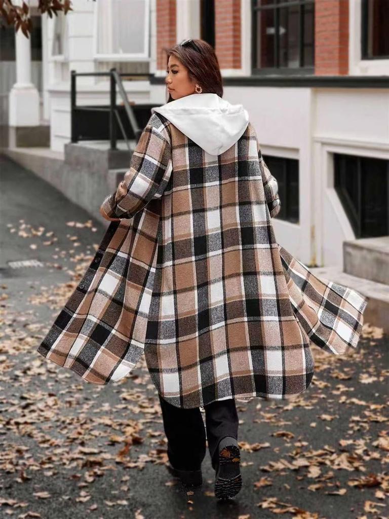 Autumn/Winter 2025 European & American Style Hooded Plaid Wool Trench Coat