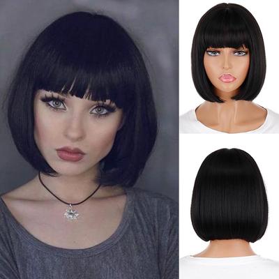 Schwarze kurze Bob-Perücke, gerade, schwarze Bob-Perücke mit Pony, 25,4 cm, gerade Bob-Pony-Perücke für Frauen, natürlich aussehend, für den täglichen Gebrauch