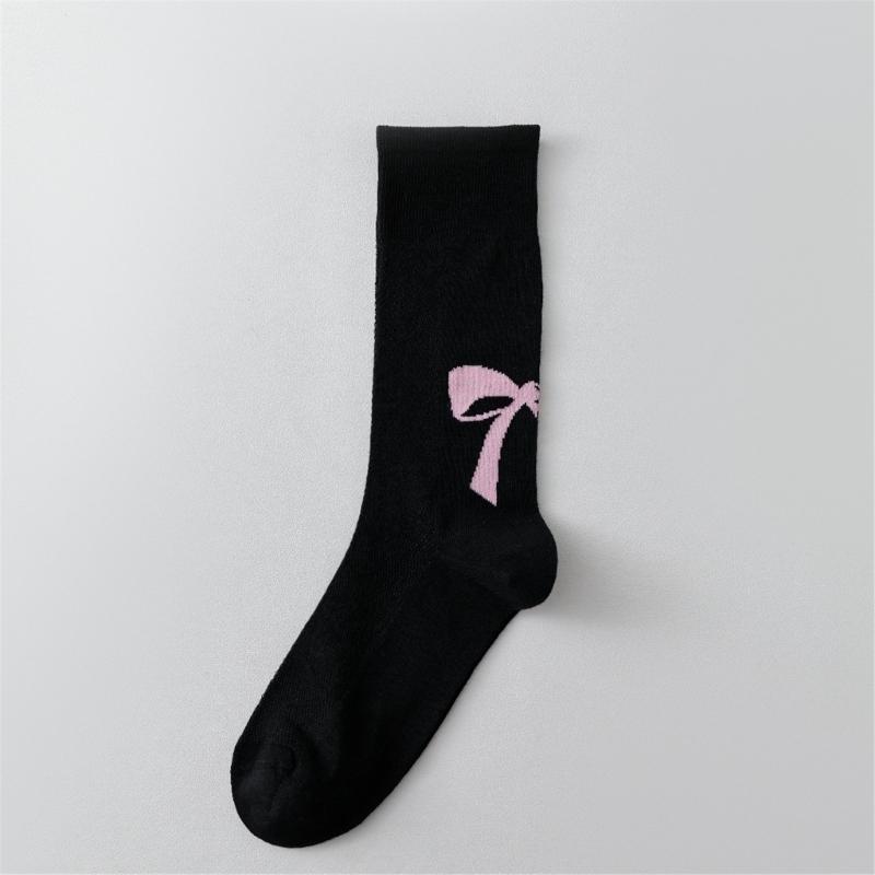 Cute Bowknot Pattern Long Calf Length Socks for Women and Girls Breathable Mesh Ribbed Student Cotton Stockings Hosiery