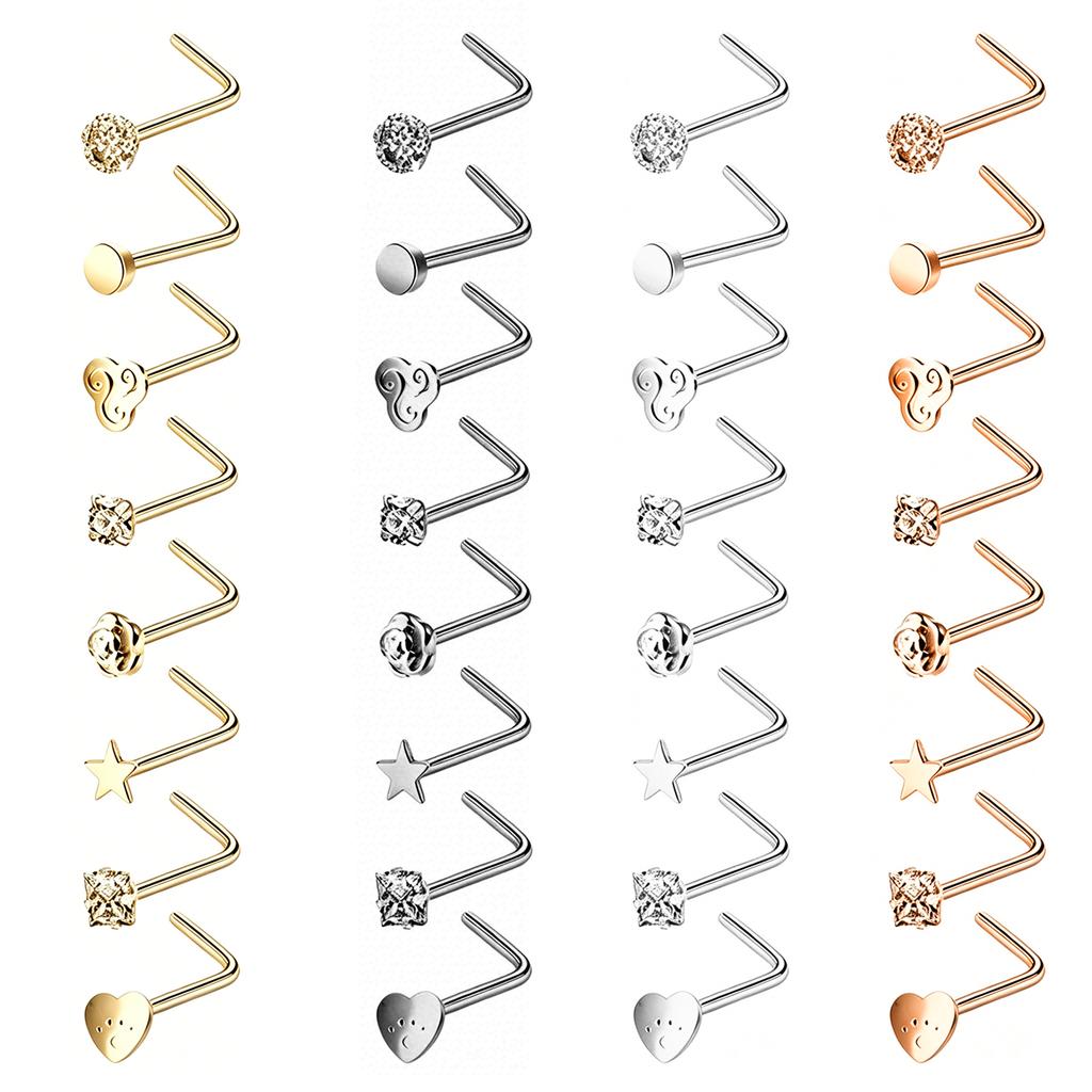 Unisex Nose Ring Stud Set Surgical Steel Hypoallergenic L Shape CZ Diamond Trendy Piercing Jewelry for Men Women Daily WearStyle
