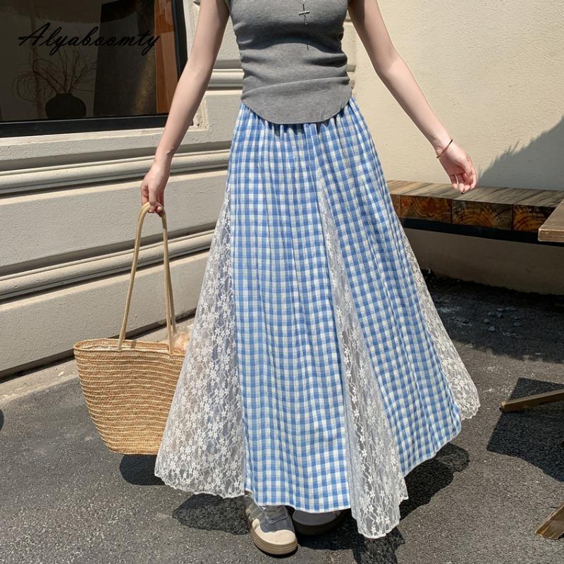 Sukně midi dámská jarní letní v korejském stylu s vysokým pasem modrá černá kostkovaná výšivka krajková patchworková sukně elegantní ženská dámská sukně
