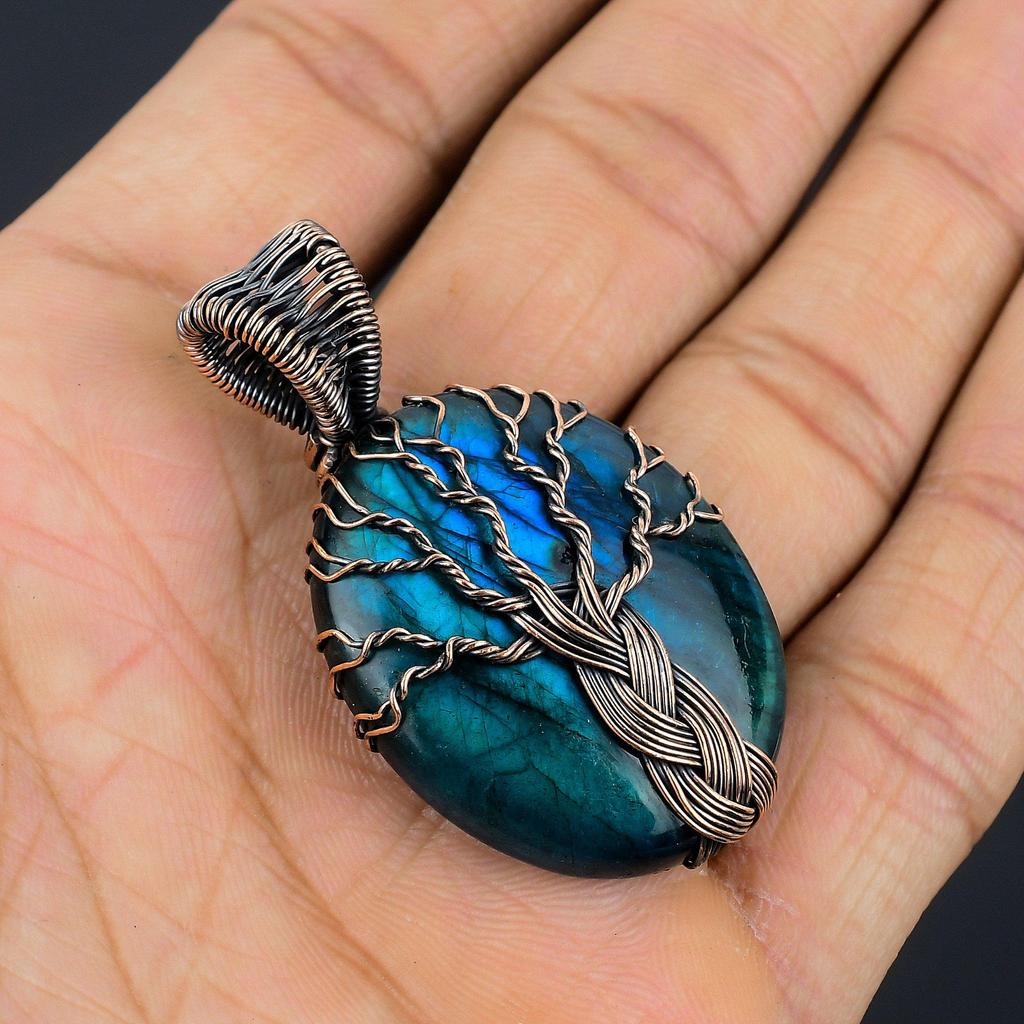 Tree Of Life Blue Flash Labradorite Handmade Pendant, Natural Gemstone Jewelry, 999 Copper Wire Wrapped Pendant Jewelry, For Gift