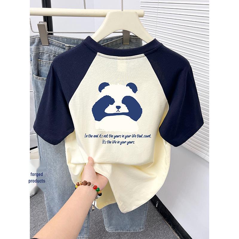 

2024 Women s Raglan Pure Cotton Short Sleeve T-shirt with Cartoon Panda Print XL