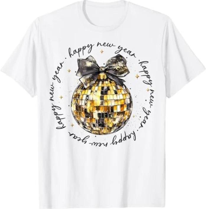 Happy New Year 2026 Gold Coquette Bow Disco Ball Countdown T-Shirt 4XL